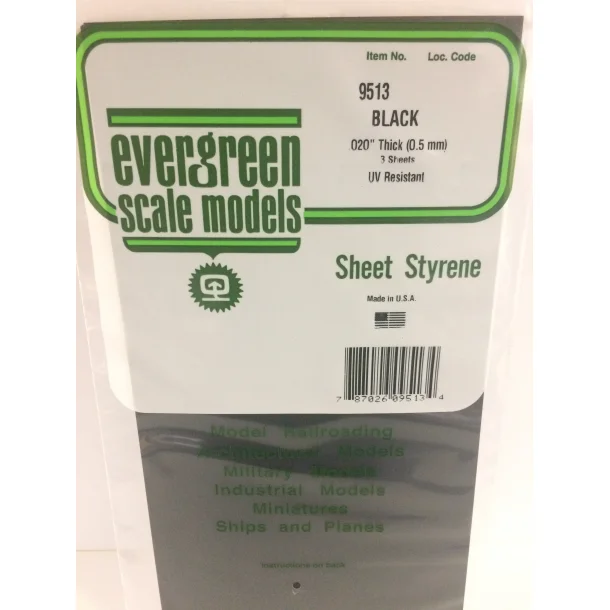 Sort polystyren ark 15x30 cm 0,50mm, 3 ark pr pakke