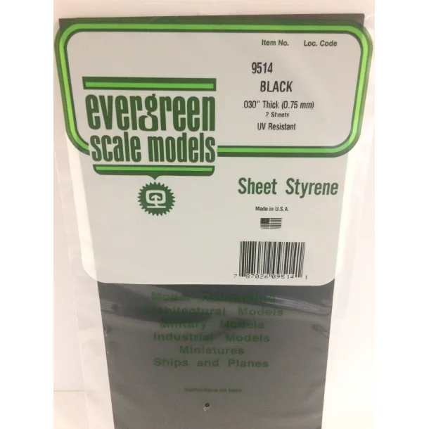 Sort polystyren ark 15x30 cm 0,75mm, 2 ark pr pakke